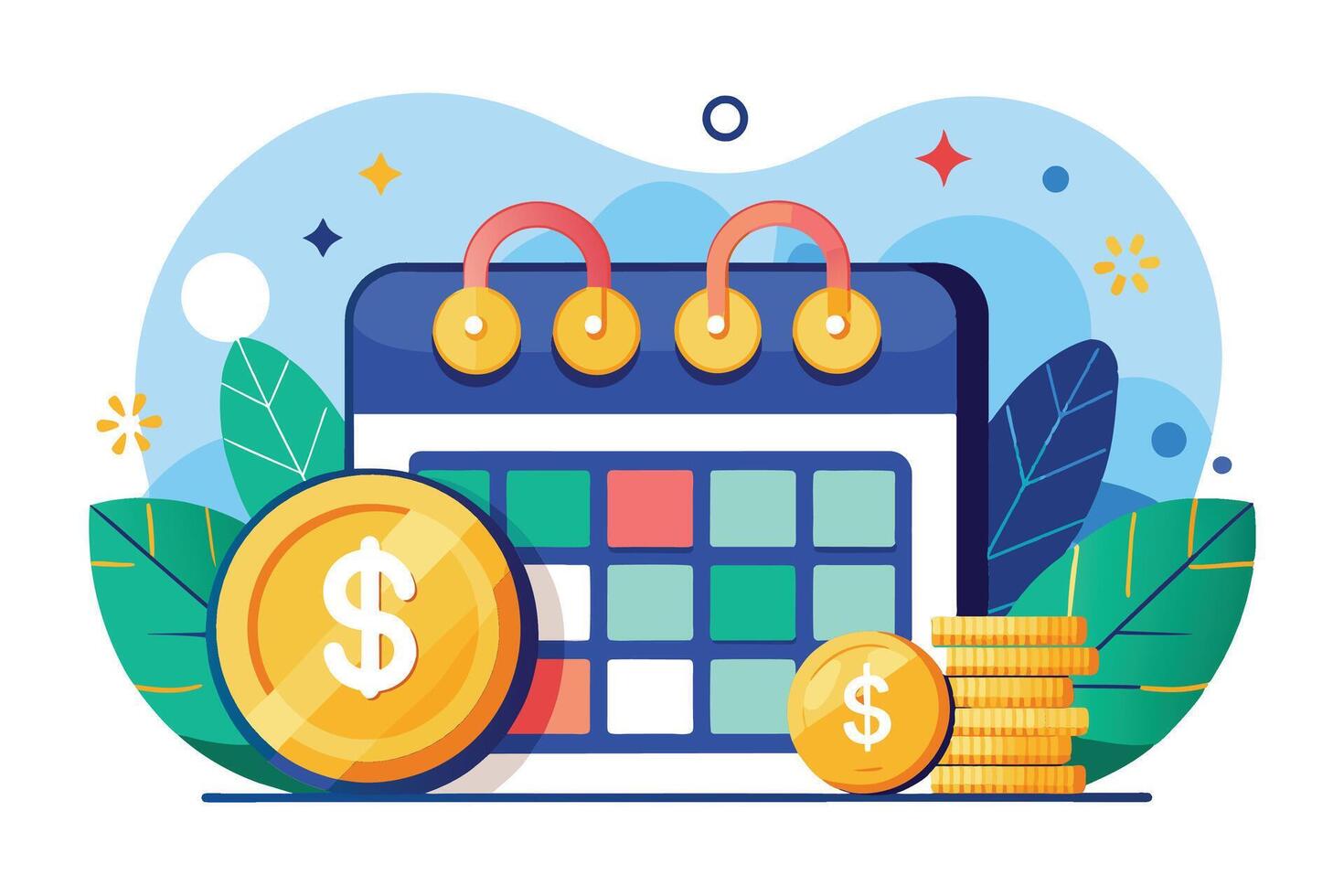 Illustrated Calendar With Dollar Coins For Financial Planning vector