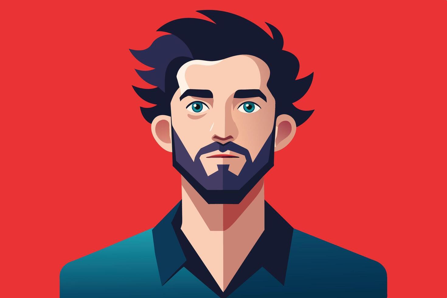 Illustrated Portrait of a Man With Blue Eyes and a Beard Against a Red Background vector
