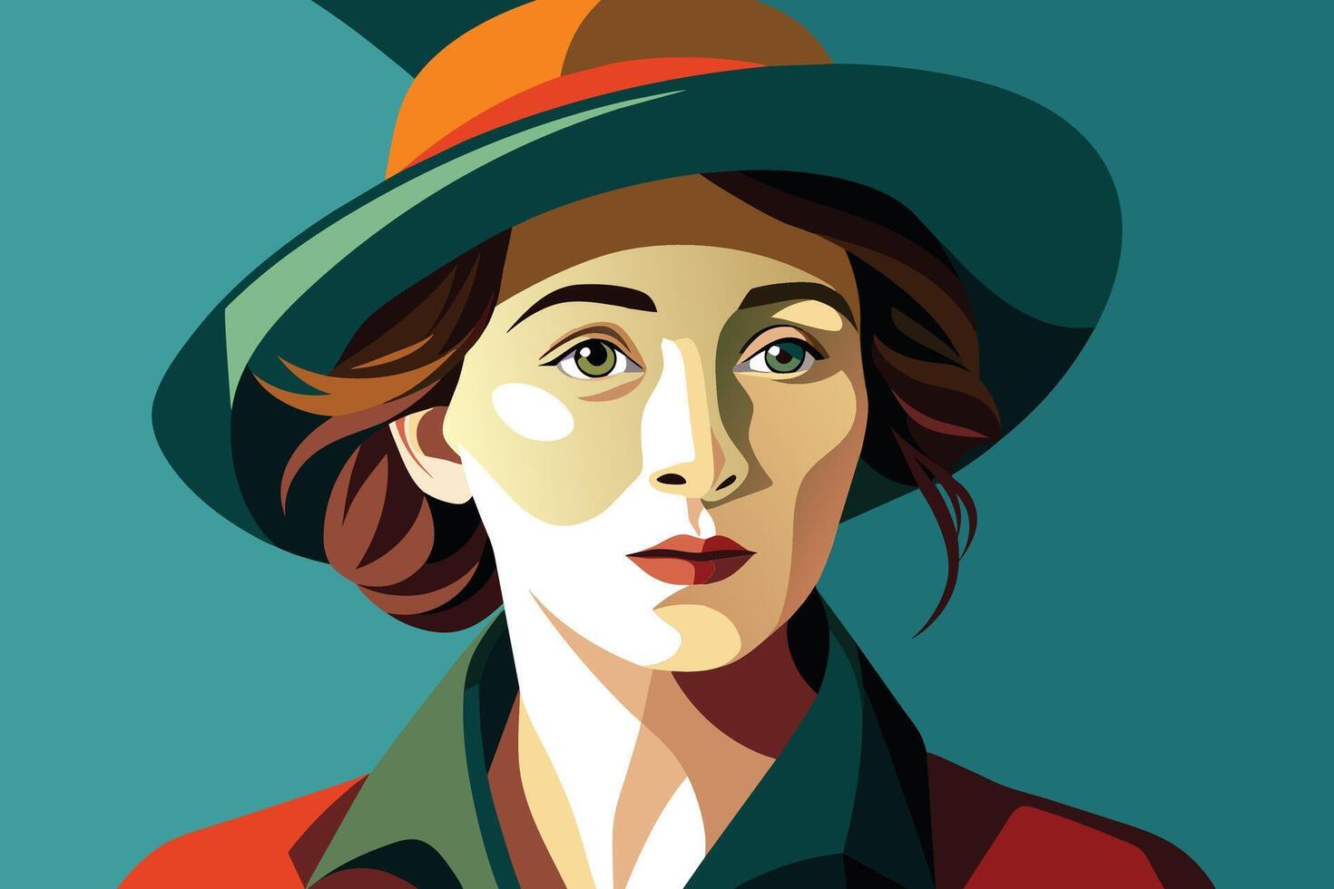 A Woman Wearing a Green Hat With an Orange Band Looks Directly at the Viewer vector