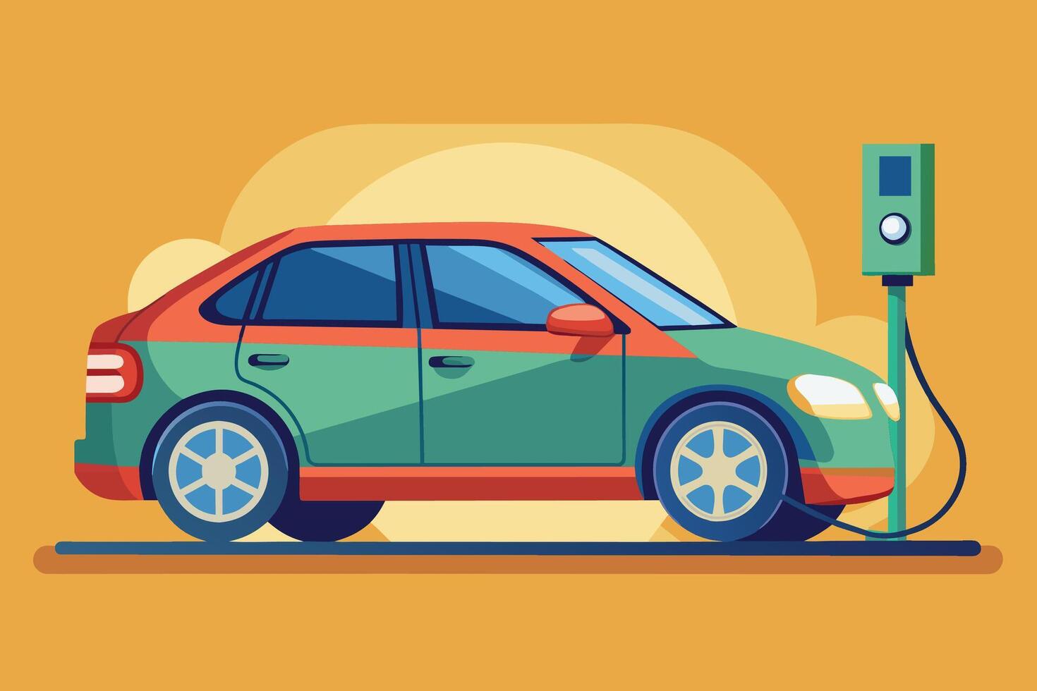 Green Electric Car Plugged In At A Charging Station vector