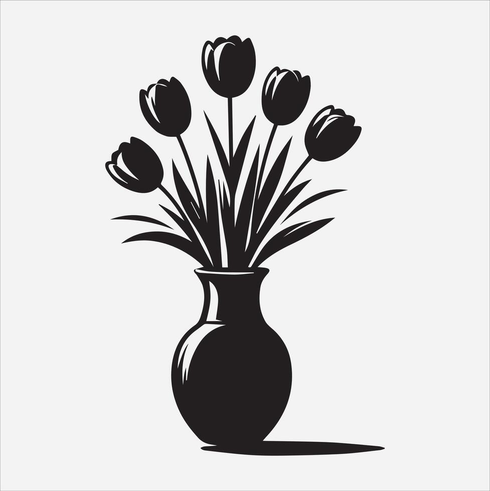 tulips in vase silhouette illustration on White Background vector