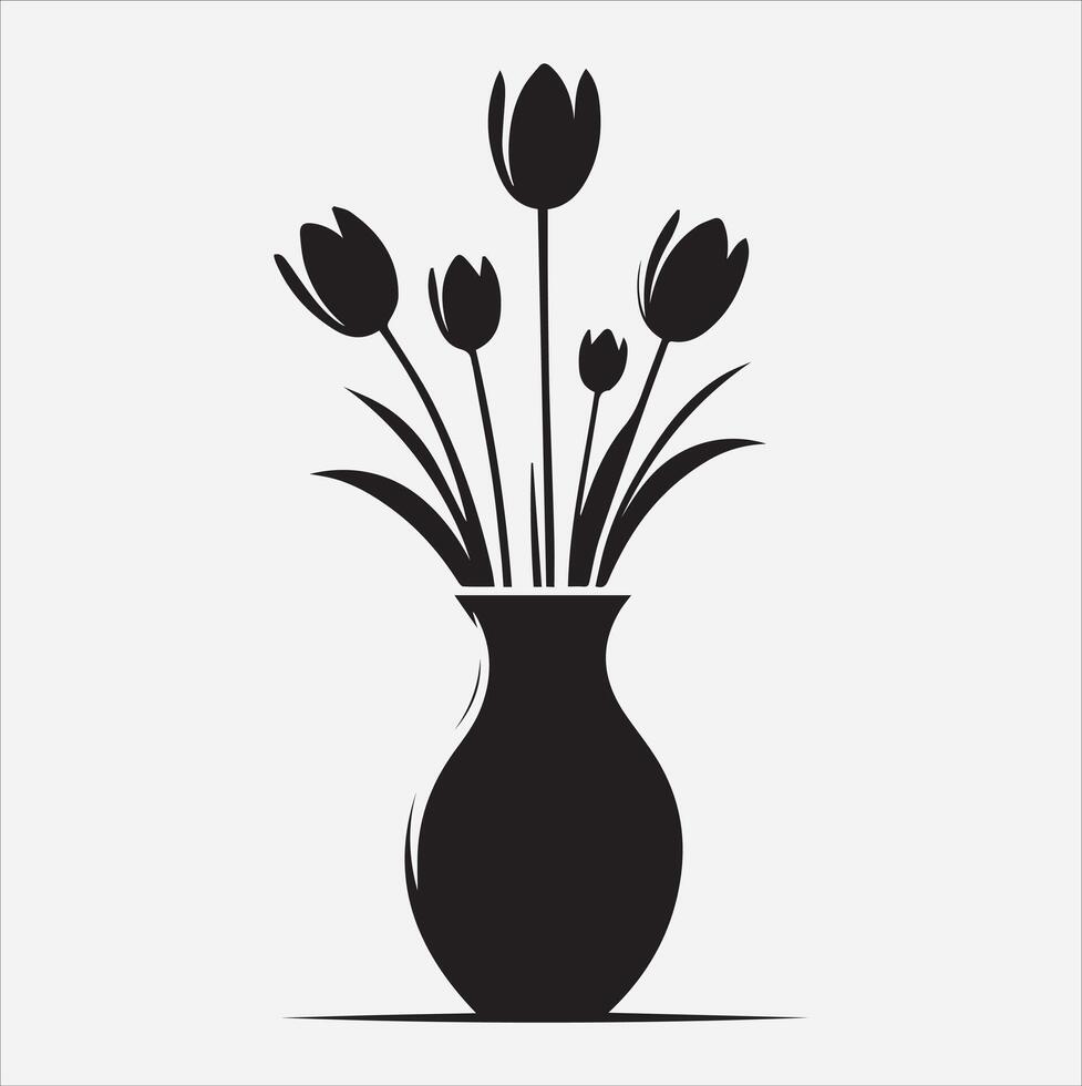 tulips in vase silhouette illustration on White Background vector