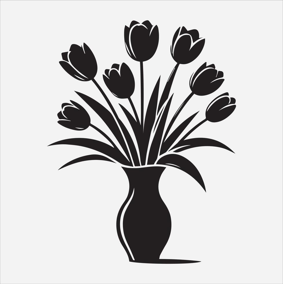 tulips in vase silhouette illustration on White Background vector