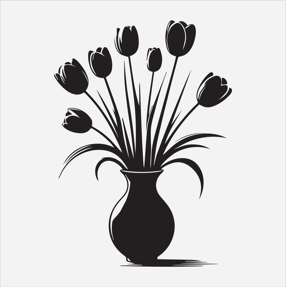 tulips in vase silhouette illustration on White Background vector