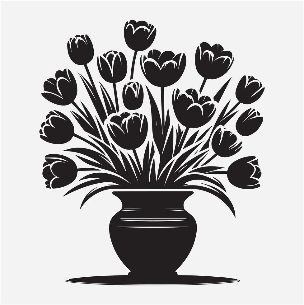 tulips in vase silhouette illustration on White Background vector