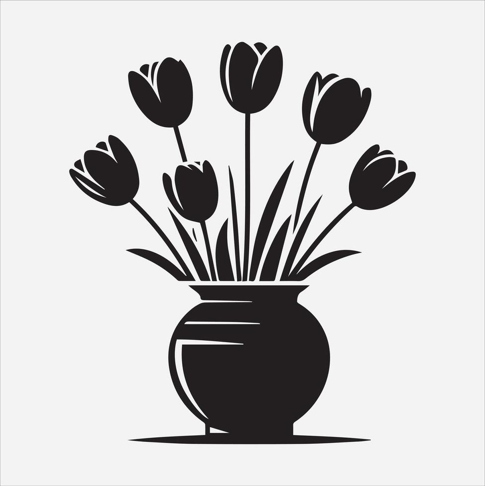 tulips in vase silhouette illustration on White Background vector