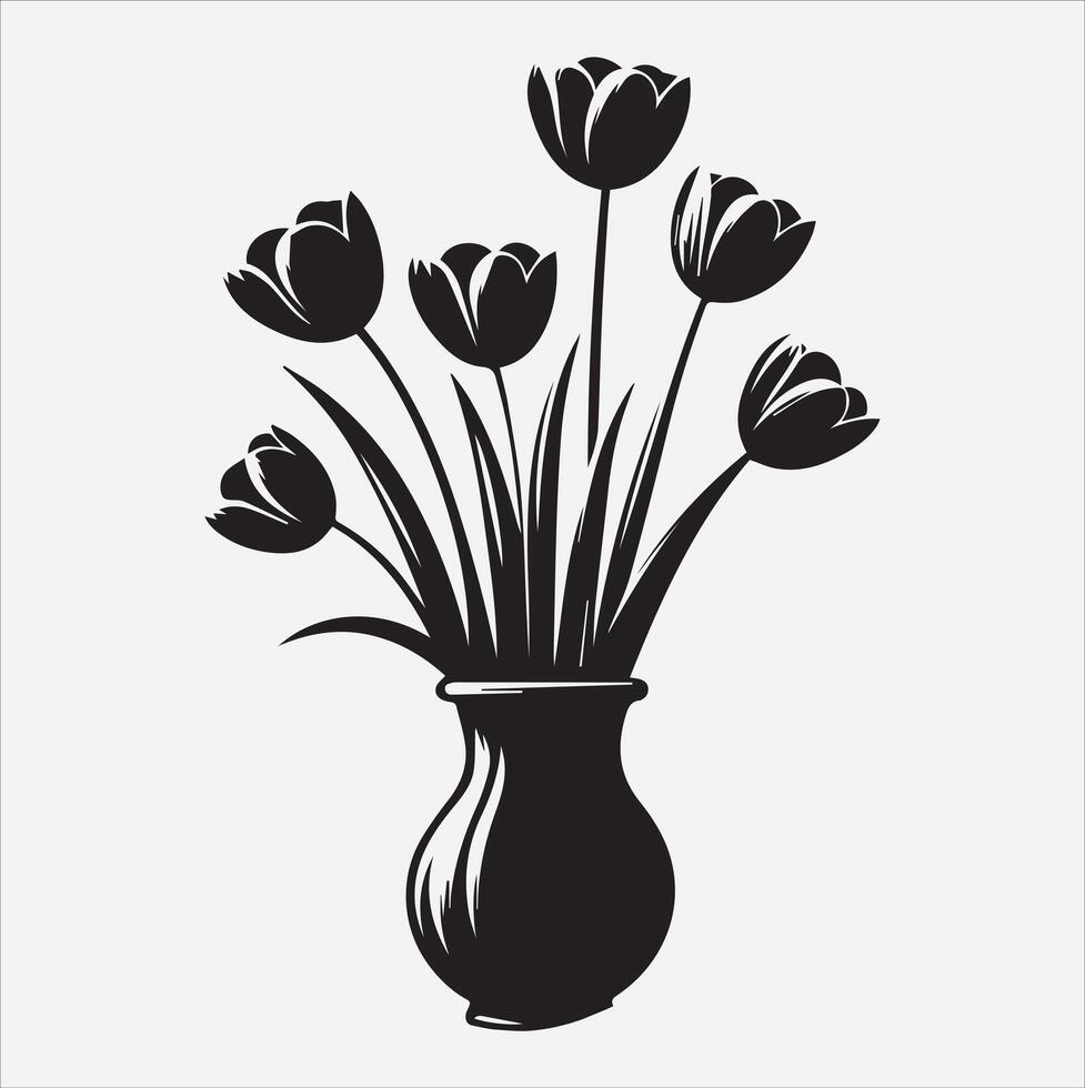 tulips in vase silhouette illustration on White Background vector