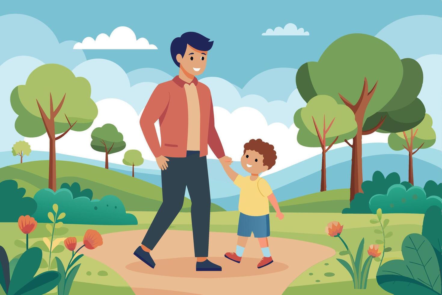 Father and Son Walking Through a Park on a Sunny Day vector
