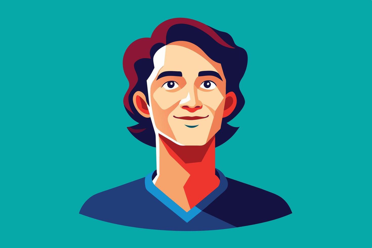 Smiling Man With Brown Hair and Blue Shirt Looking Upwards vector