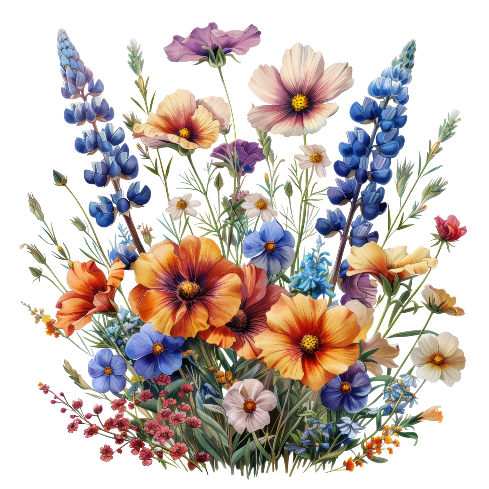 Watercolor blooming botanical flowers branch and wildflower bouquet clip art element illustration. Ai-Generated png