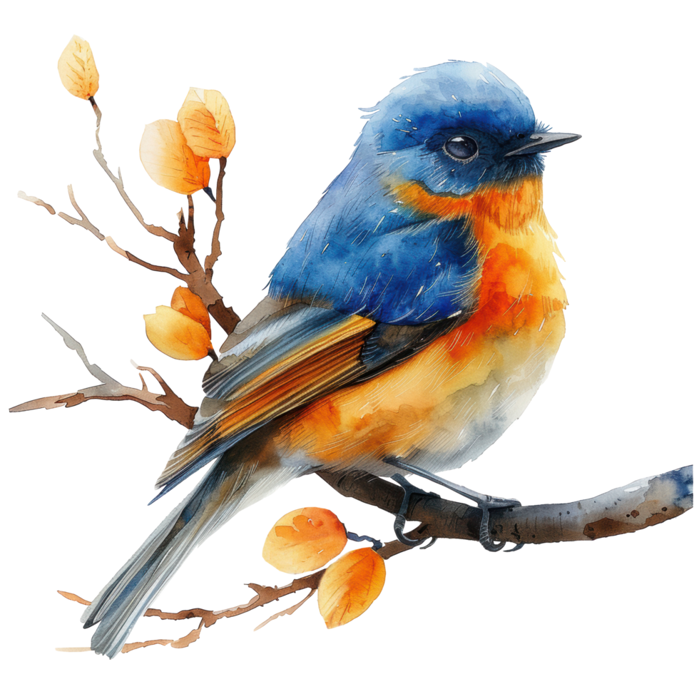 Watercolor bird on twig clip art element illustration. Ai-Generated png