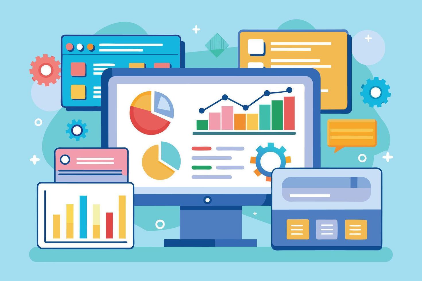 Colorful Charts and Graphs on a Desktop Computer Screen Showing Business Data Analysis vector