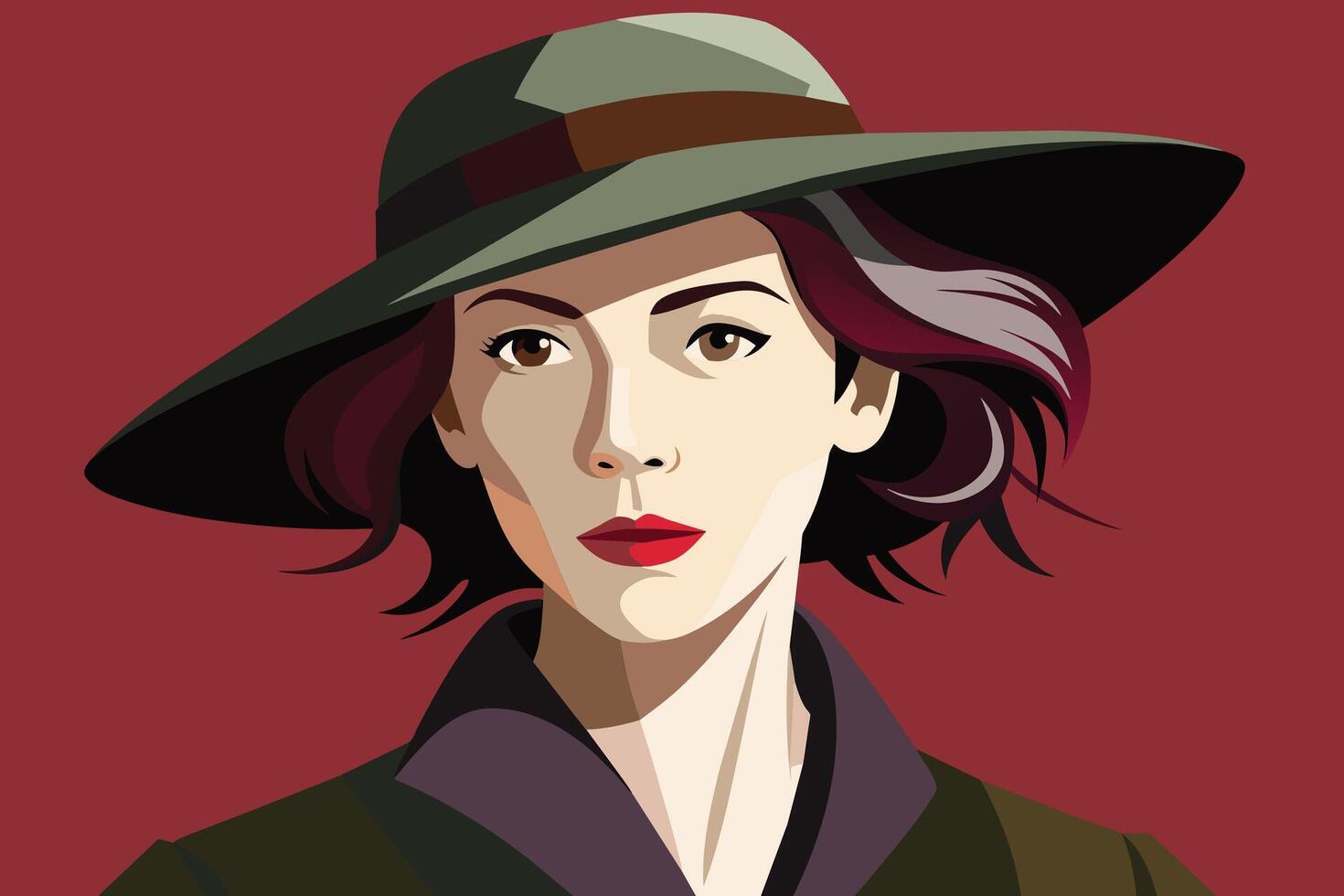 Woman In Green Hat Looking At The Camera In Front Of Red Background vector