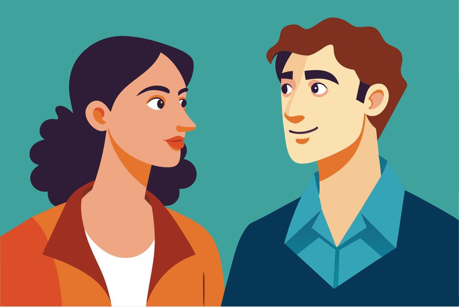 Smiling Man and Woman Looking at Each Other in a Cartoon Illustration vector