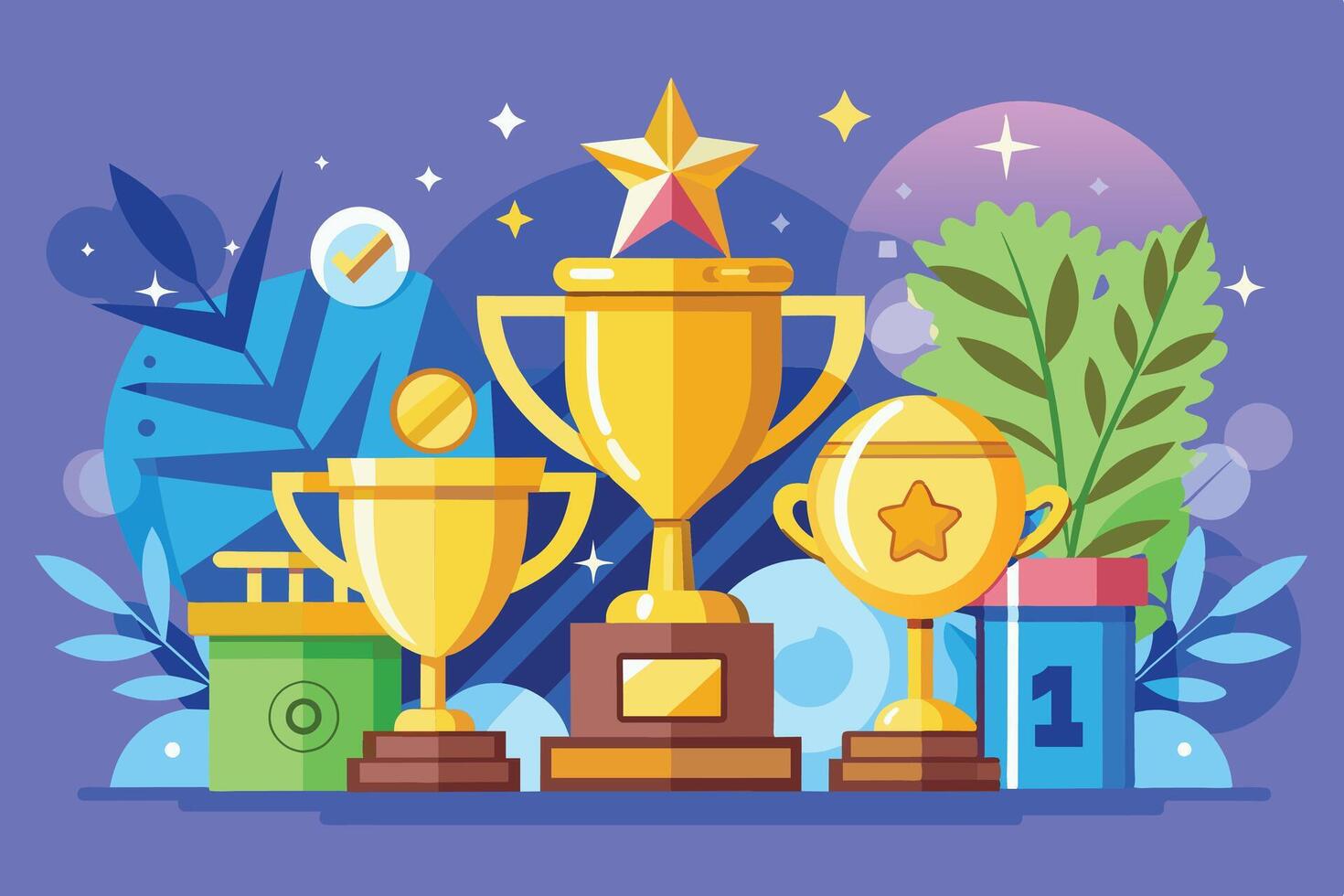 Three Golden Trophies With Star and Number One Base on a Blue Background vector