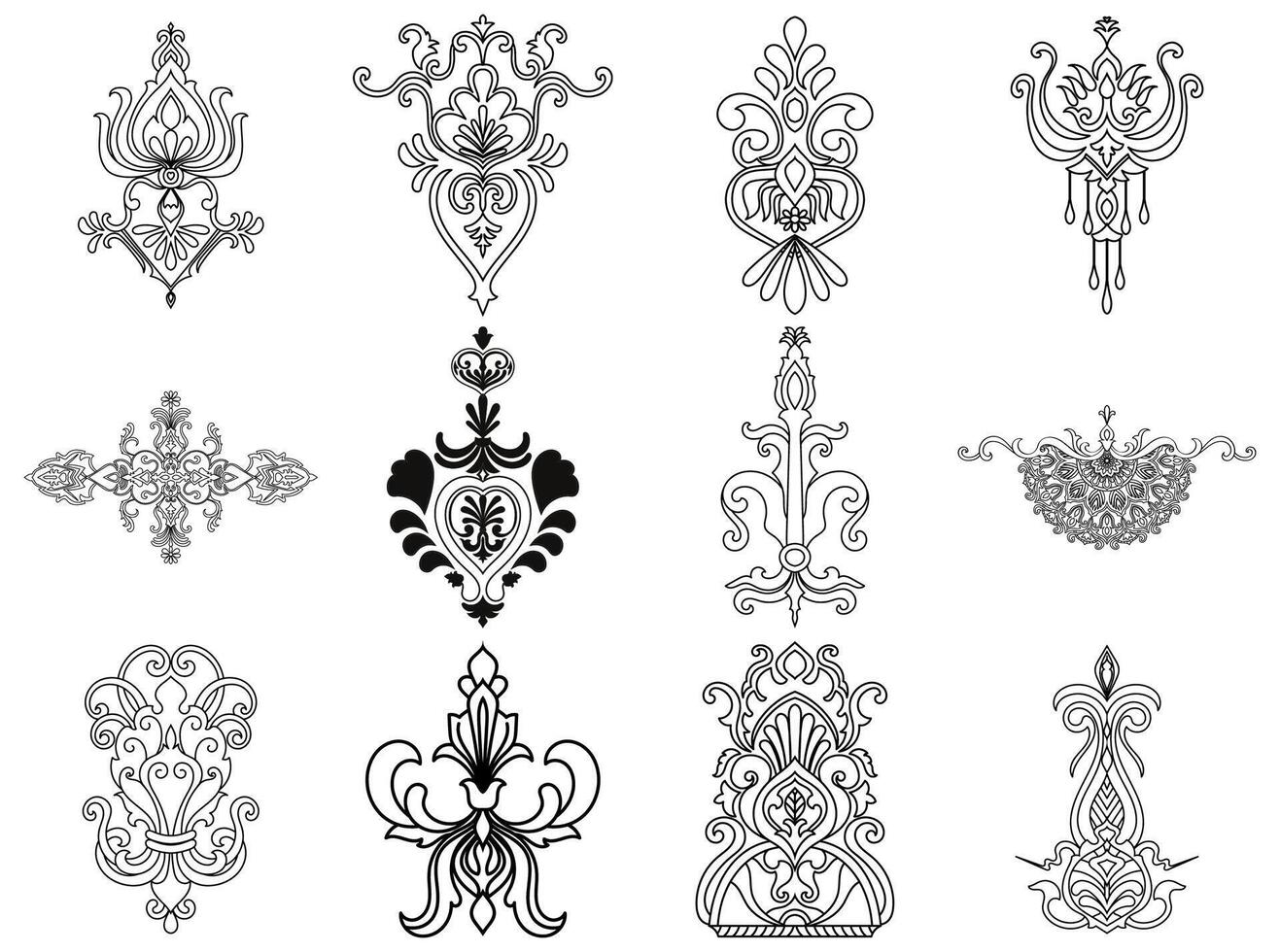 damask abstract element For use in assembling fabric patterns Wallpaper pattern consists of black lines on a white background. vector