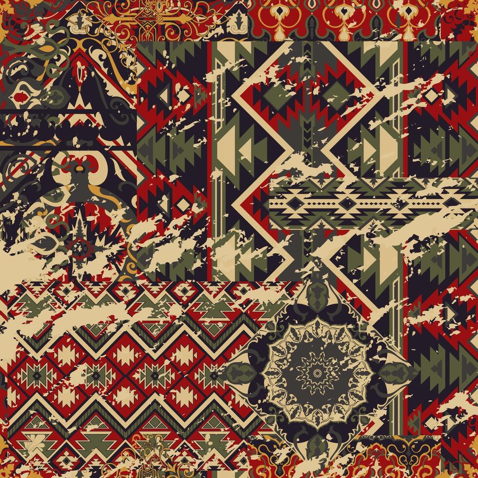 Old rug with African fabric pattern traditional patchwork Abstract vintage wallpaper. Seamless pattern. For clothing. vector