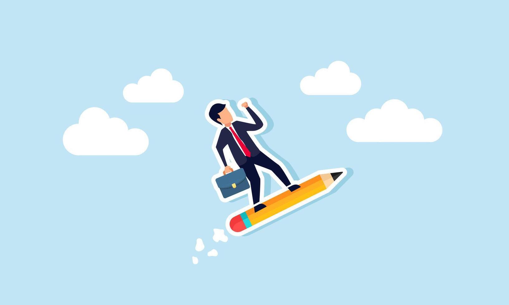 Creative ideas lead the knowledge aid career development, along with writing skills and an artist's mindset, concept of smart businessman riding pencil rocket flying high into the sky. vector