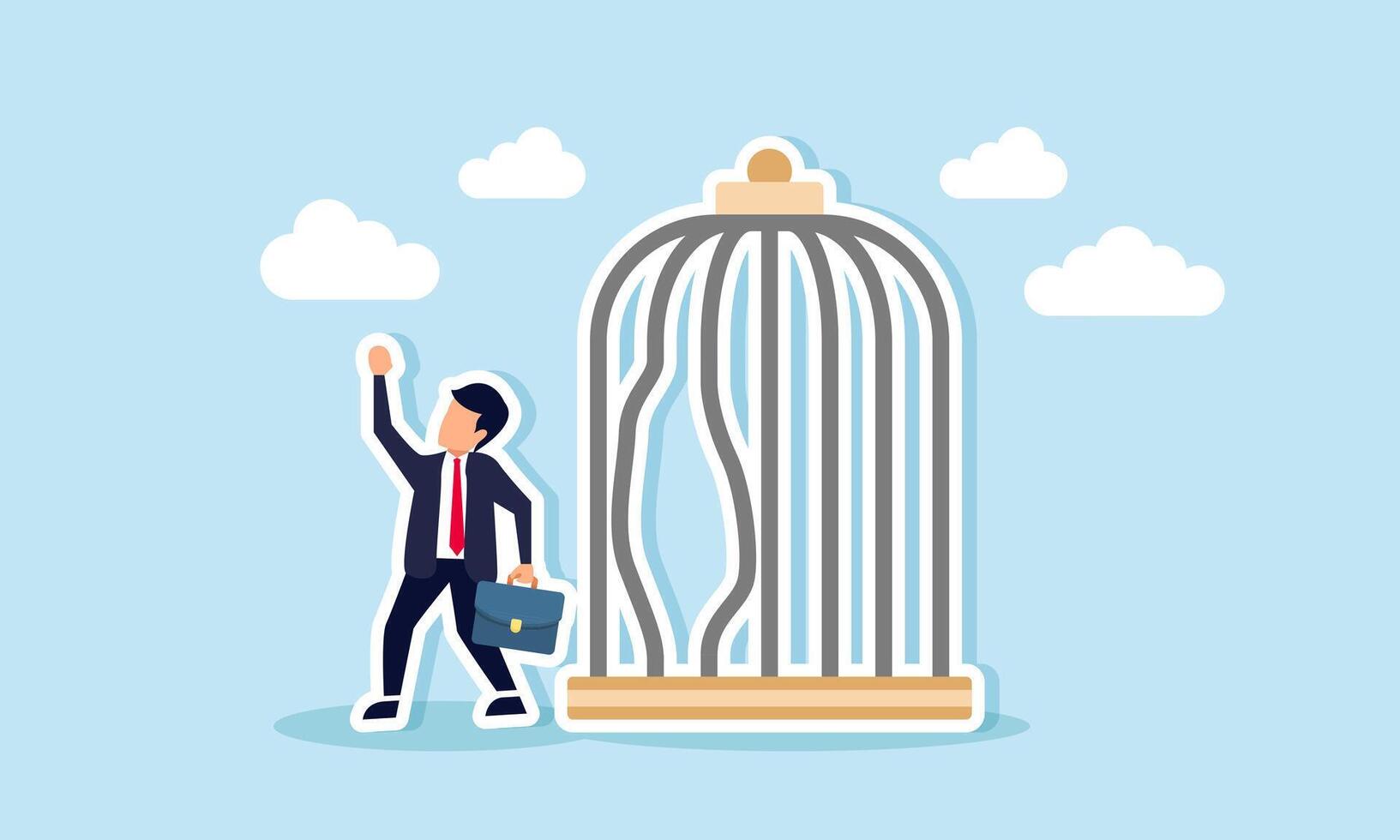 Escape the routine comfort zone to experience new challenges and embrace freedom, concept of A strong, ambitious businessman bends the bars and escapes from a birdcage trap vector