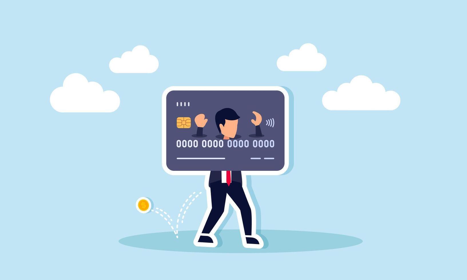 Credit card debt and overspending lead to financial failure and excessive costs, concept of A broke, hopeless office worker, shackled by a large credit card, has empty pockets vector