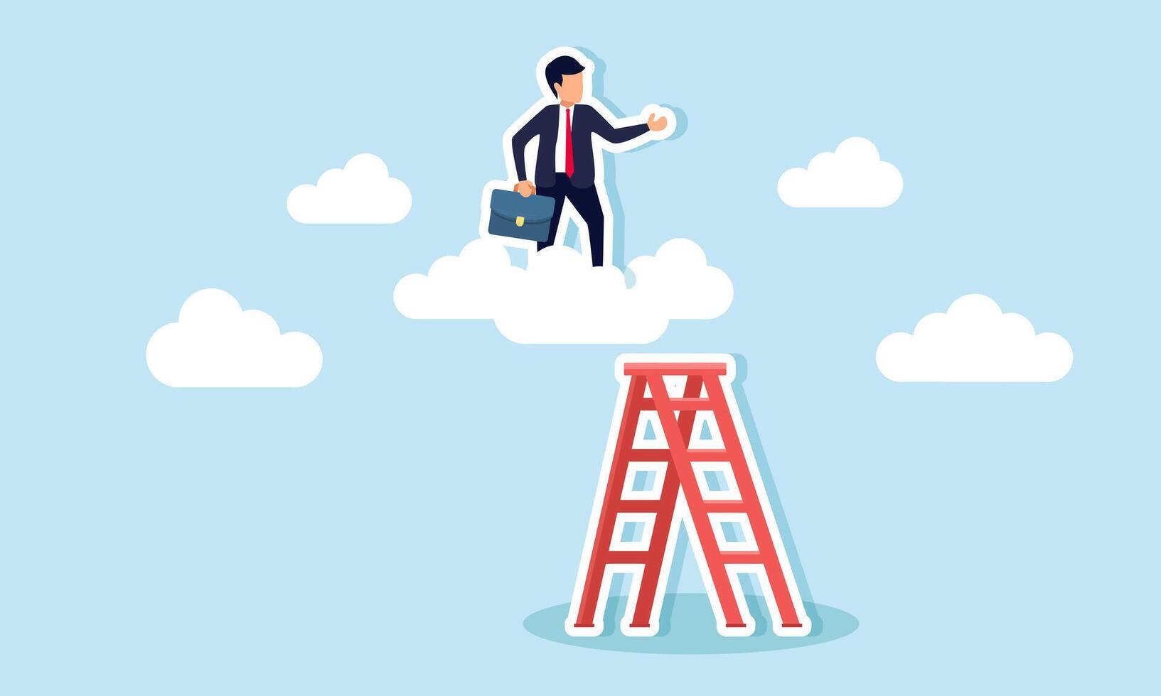 Career development involves achieving, showcasing leadership vision, and implementing successful business strategies, concept of A confident businessman leader climbs stairs toward lofty clouds vector
