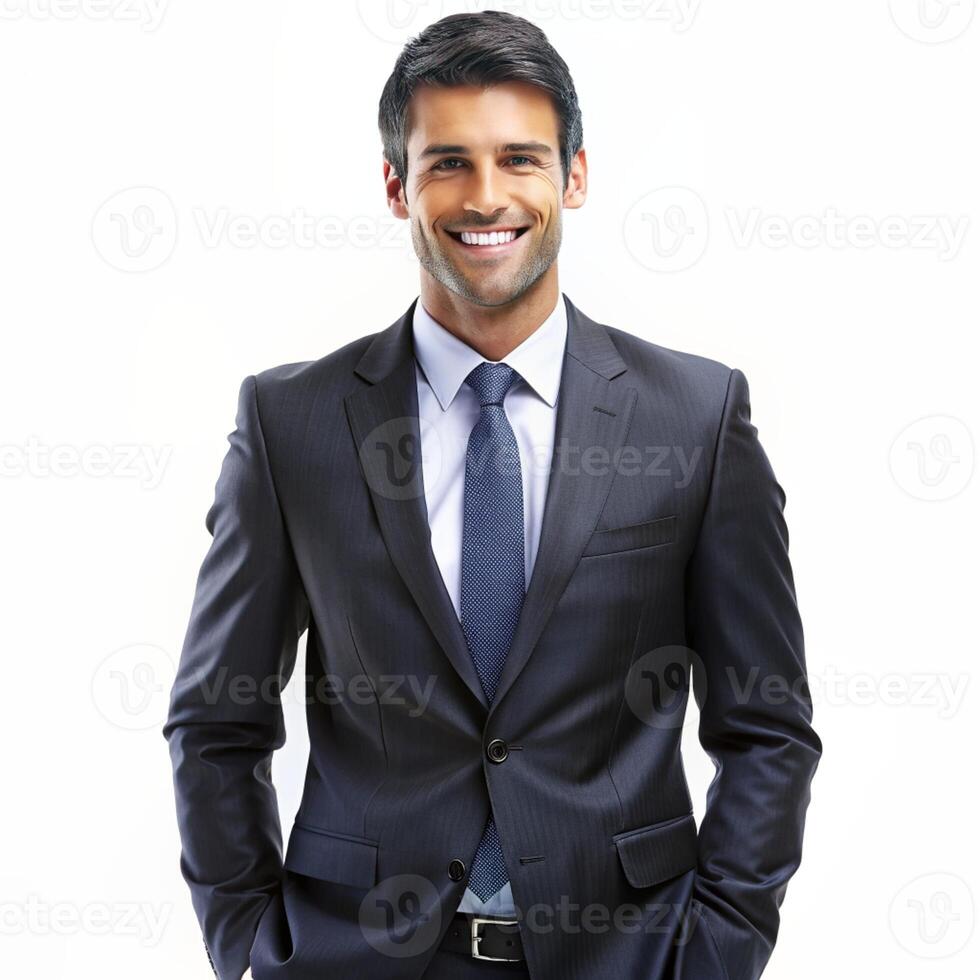 Smiling male professional standing with arms crossed while making eye contact against isolated background photo