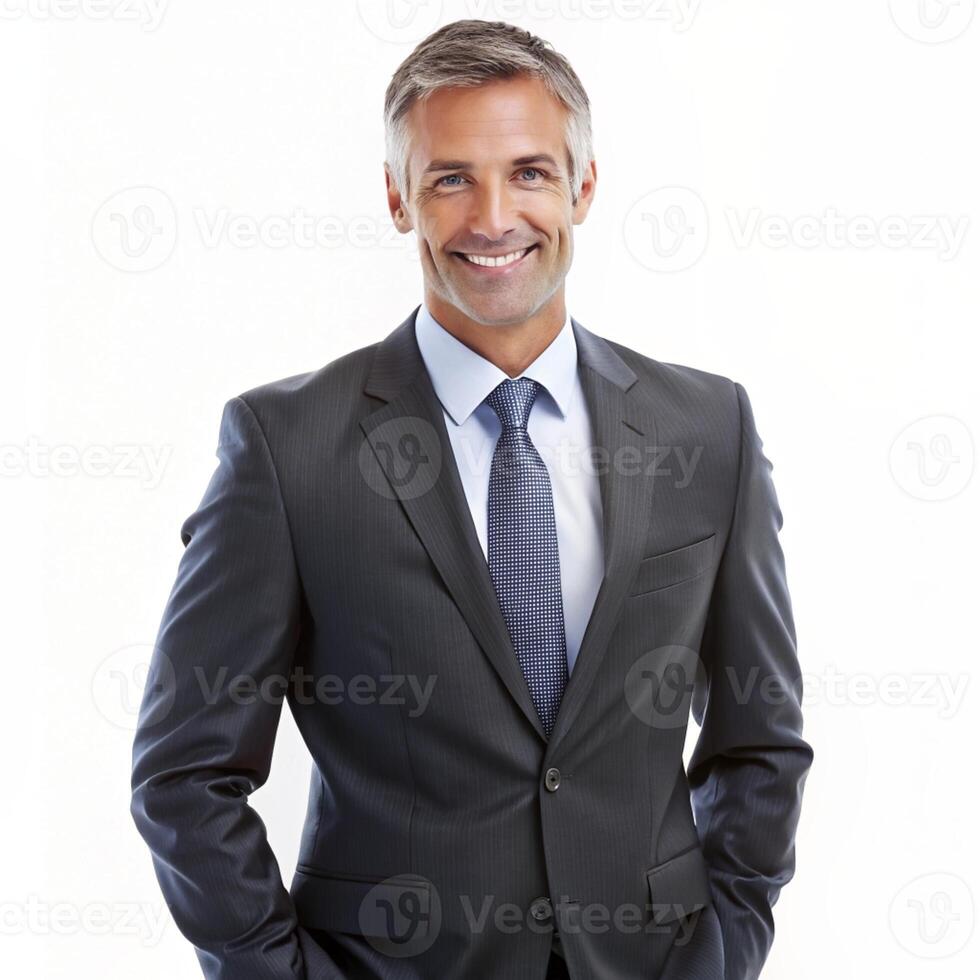 Smiling male professional standing with arms crossed while making eye contact against isolated background photo