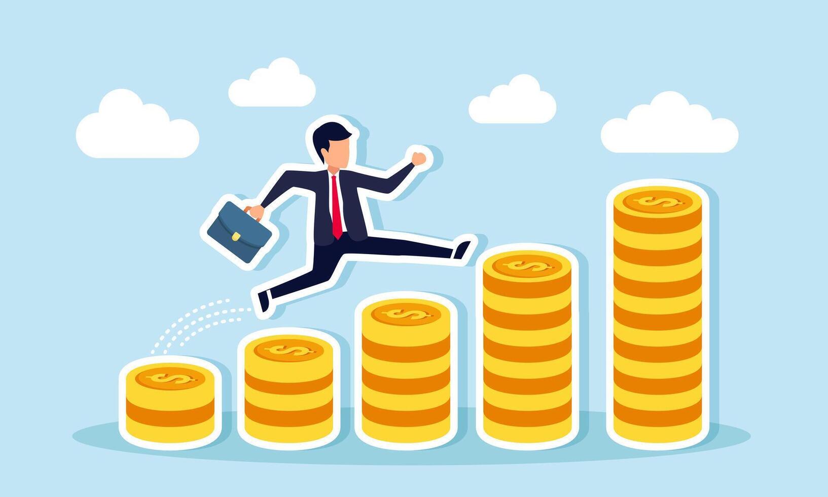 A pay raise signals salary increase, income growth, rising investment profits and earnings, along with career development and wealth management, concept of A businessman jumping stack of money vector