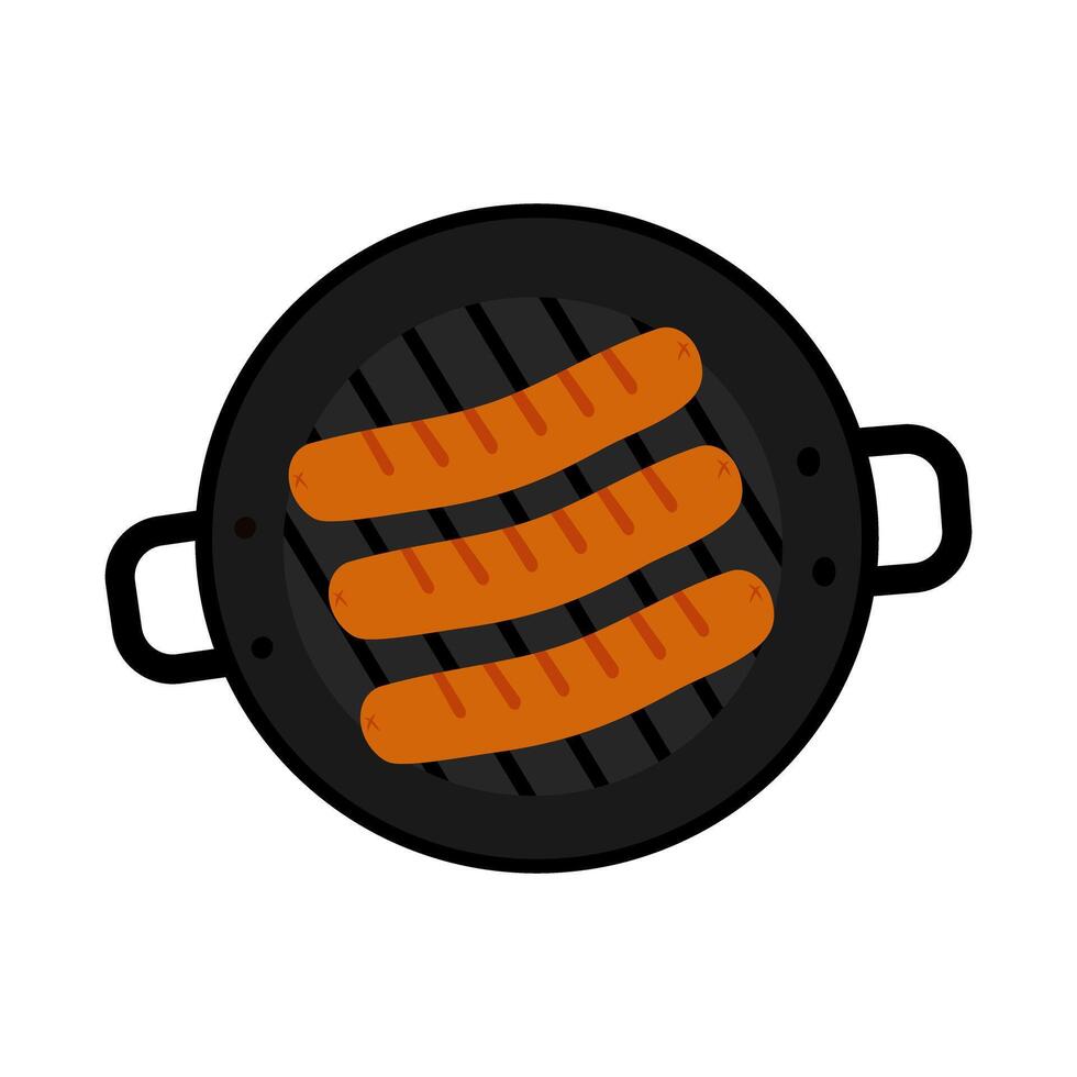 Fried sausages in a grill pan in trendy shades Top view. Icon sticker, logo or promo design concept. EPS Isolated. Menu card, poster, banner, brochure, price, label or web, promo billboard idea vector