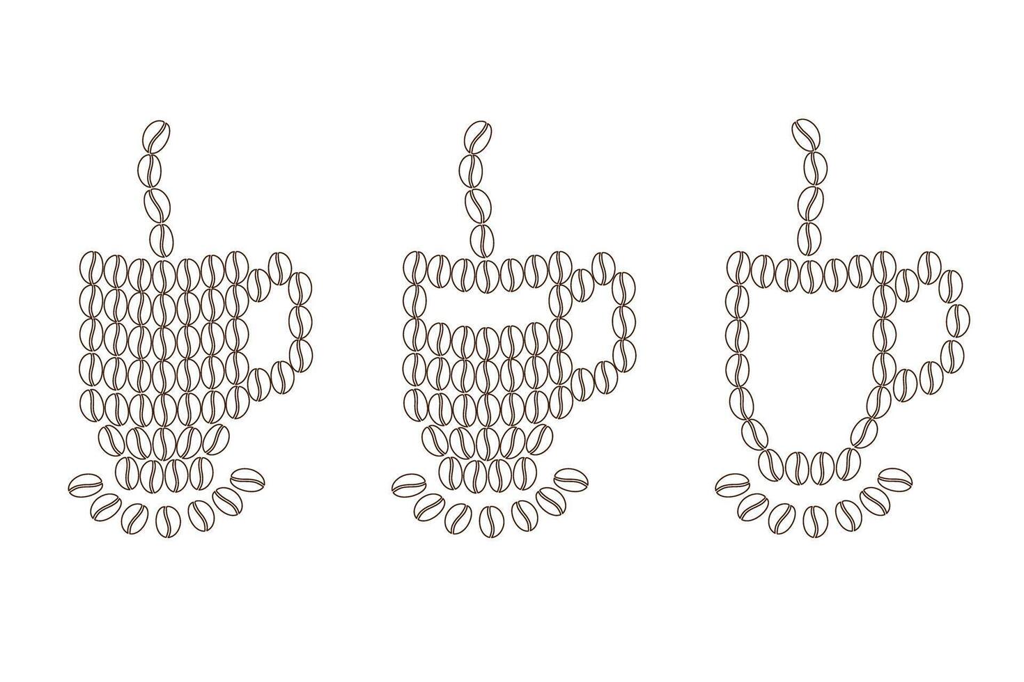 Mugs with steam and saucer Made of coffee beans. Greeting card, Logo, Icon design concept. Set of 3. Isolate EPS. Coffee Day greeting, sticker, icon or banner, price tag, label or web idea vector