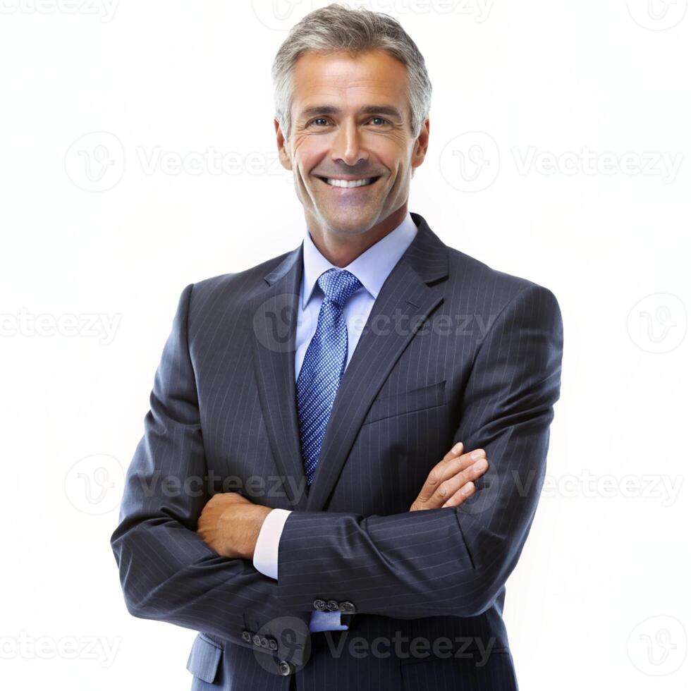 Smiling male professional standing with arms crossed while making eye contact against isolated background photo