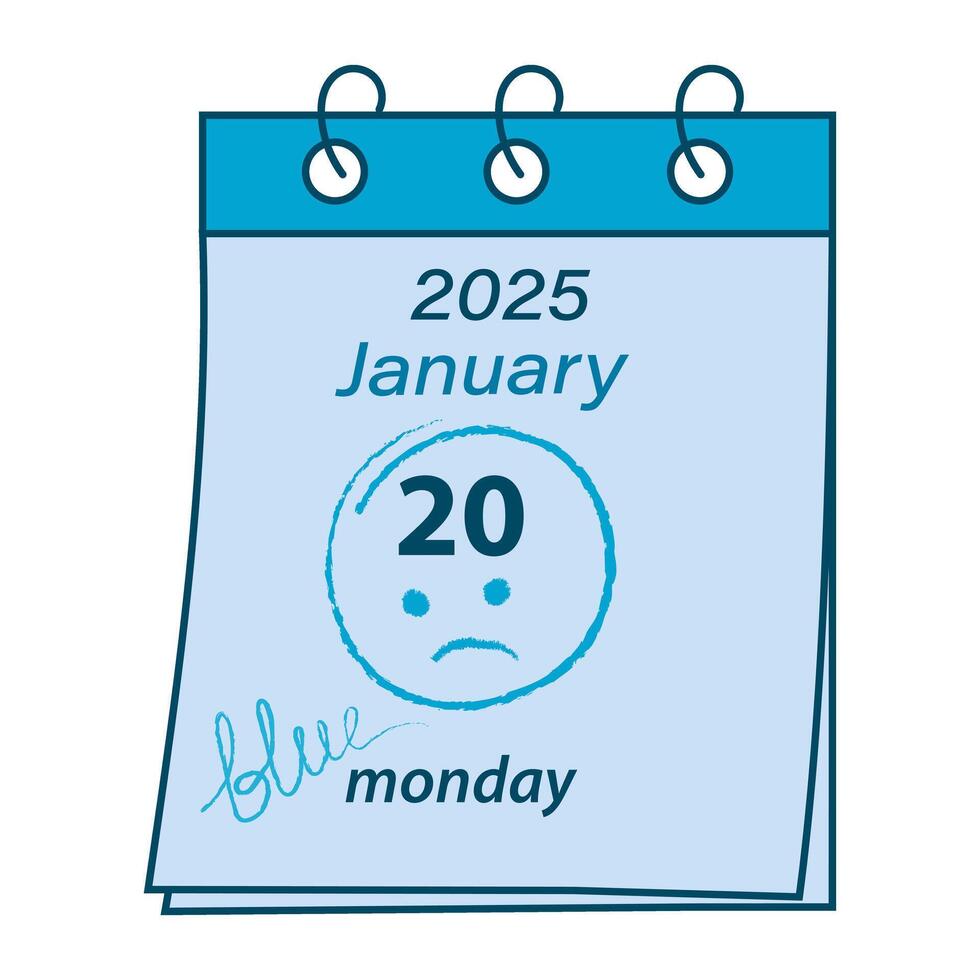 Calendar page on a spring with the date January 20 2025 and sad emoticon. Blue Monday greeting idea. . Isolate EPS. Cards, poster, banner, brochure, price tag, label or web, promo design concept vector