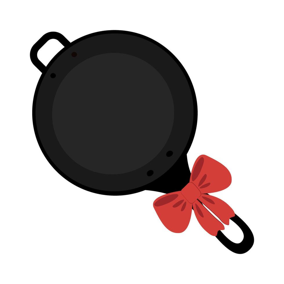 Round cast iron fry pan with handle and bow in cartoon style Top view. Isolated Promo design concept EPS . Logo Sticker Icon Cards, posters, banner, brochure, billboard, price, label or web idea vector