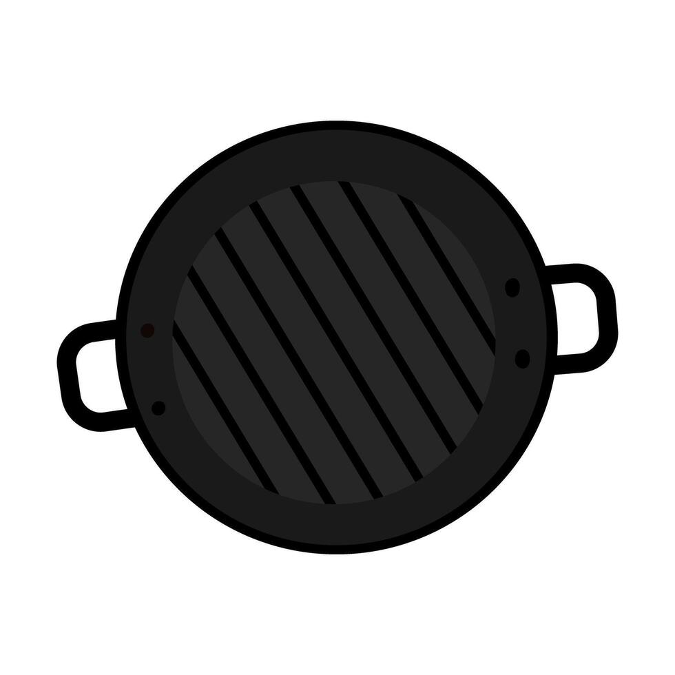 Cast iron grill pan with stripes and handles on both sides in cartoon style. Top view. Promo concept. Isolated EPS . Logo Sticker Icon. Cards, poster, banner, price tag, label or web design idea vector