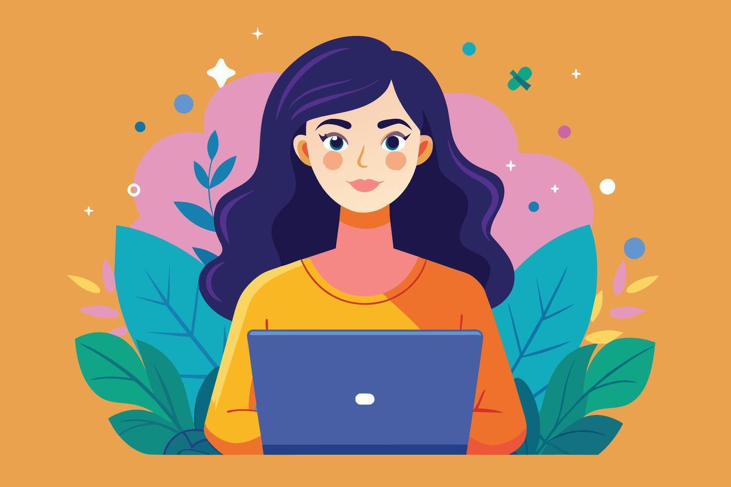 Woman Using Laptop With Plants in Background Illustration vector