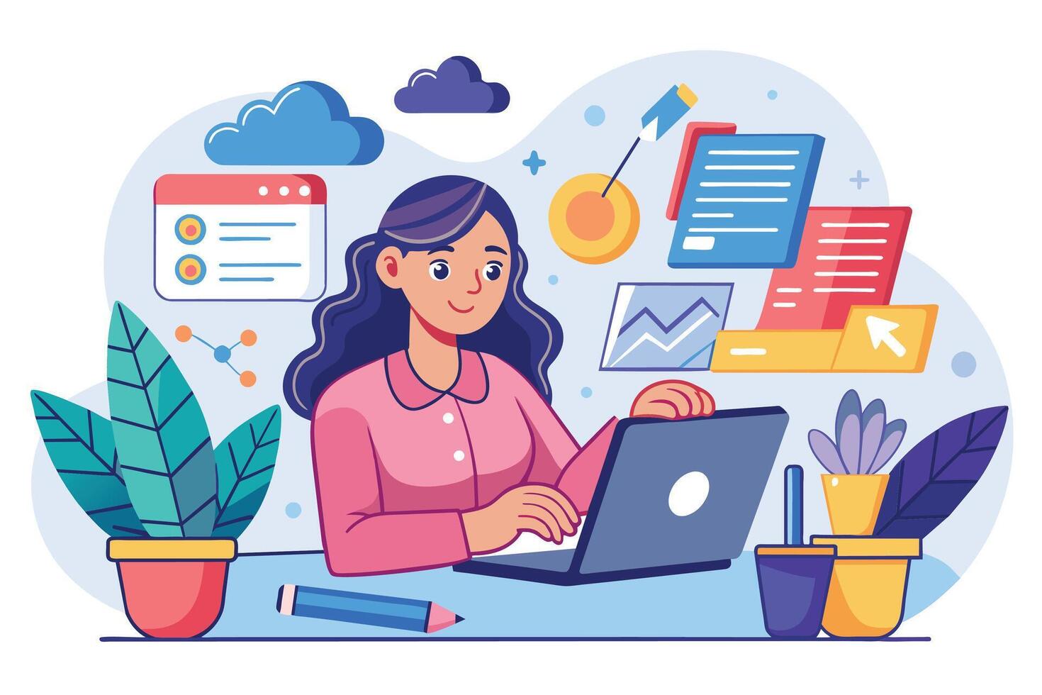 Woman Working On Laptop With Documents And Charts In Office vector