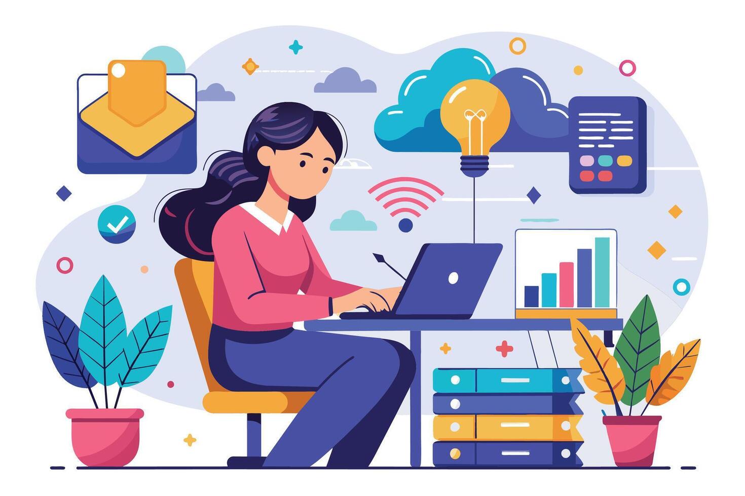 Woman Working On Laptop In Office With Cloud Computing And Wifi vector