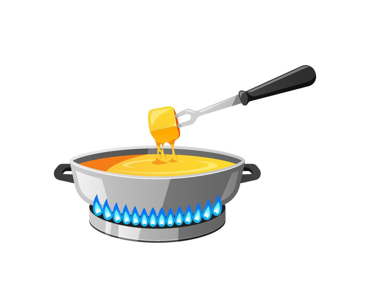 Pot with melted cheese and fork isolated on white background. vector