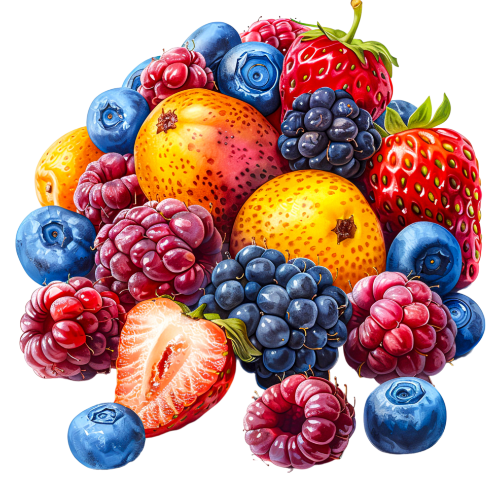 Fresh Mixed Berries and Assorted Fruits Illustration with Vibrant Colors png
