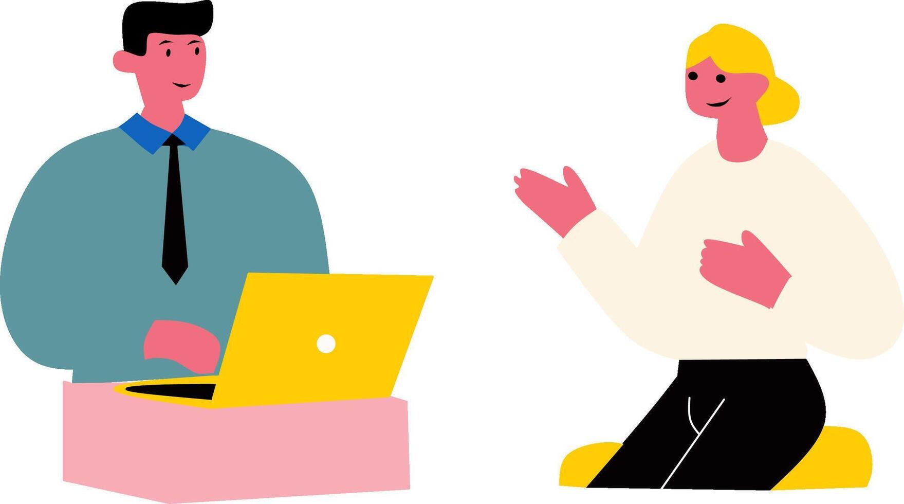 Job interview concept. Modern flat illustration of a woman talking to a man with a laptop. illustration. Isolated in the background. vector