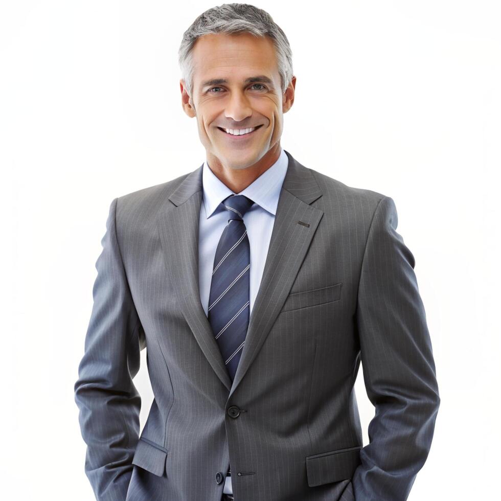 Smiling male professional standing with arms crossed while making eye contact against isolated background photo