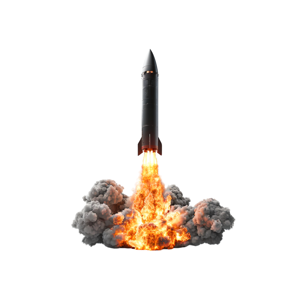 Intense missile explosion capturing the chaos of war and destruction, showcasing military power and the devastation of modern combat png