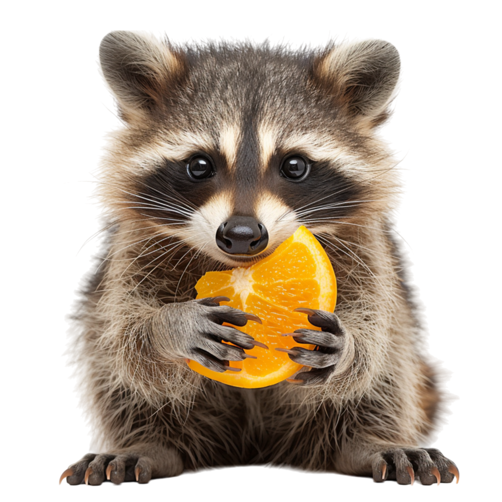 Curious Raccoon Playfully Holding Fruit png