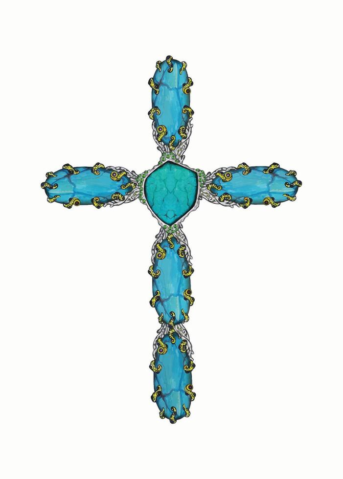 Cross set with turquoise jewelry design hand drawing on paper and make graphic . vector