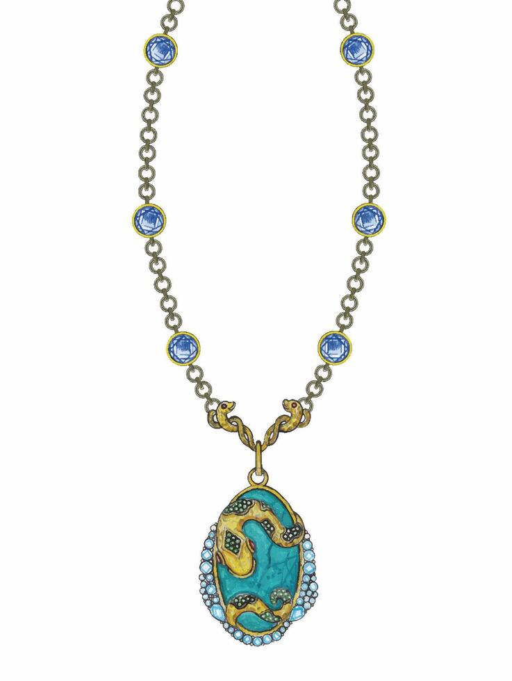 Jewelry desing snake necklace set with turquoise sketch by hand on paper. vector