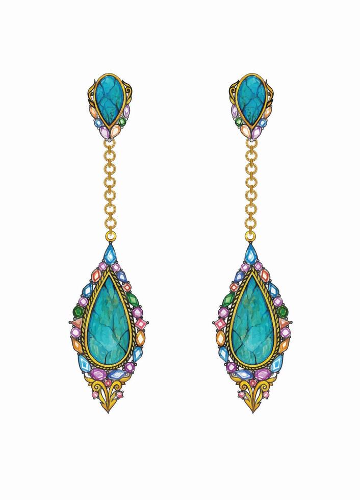 Earrings fancy art set with gems and turquoise jewelry design hand drawing on paper and make graphic . vector