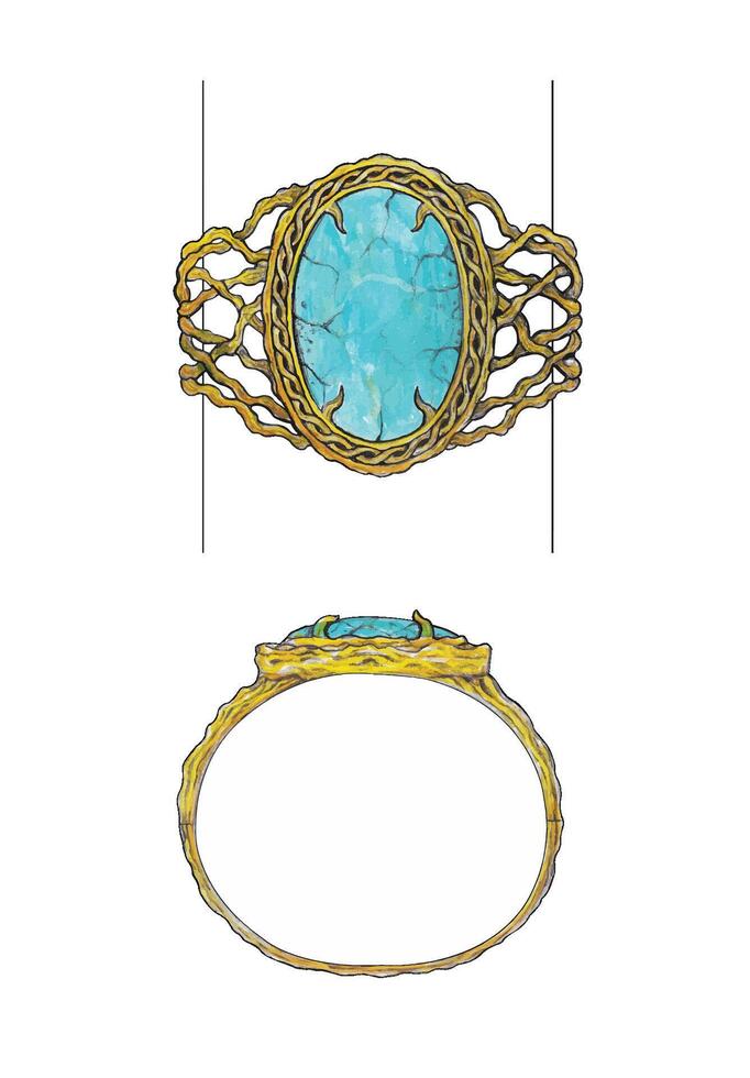 Jewelry desing art gold bangle set with turquoise sketch by hand on paper. vector