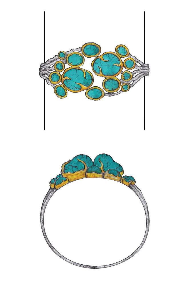 Bangle art set with turquoise jewelry design hand drawing on paper and make graphic . vector