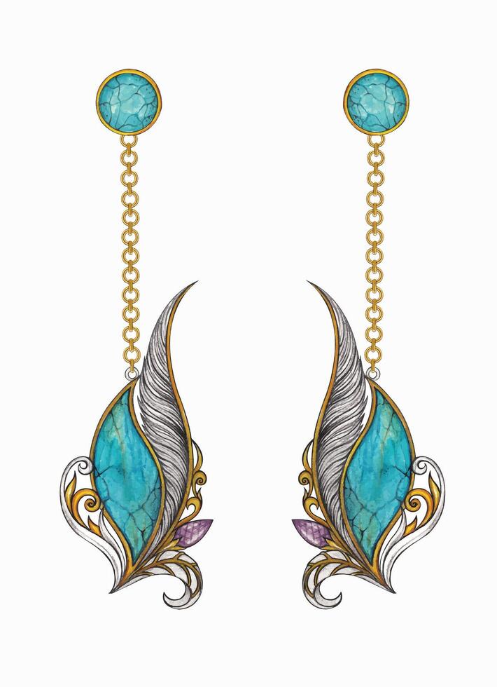 Earrings fancy feather set with turquoise jewelry design hand drawing on paper and make graphic . vector