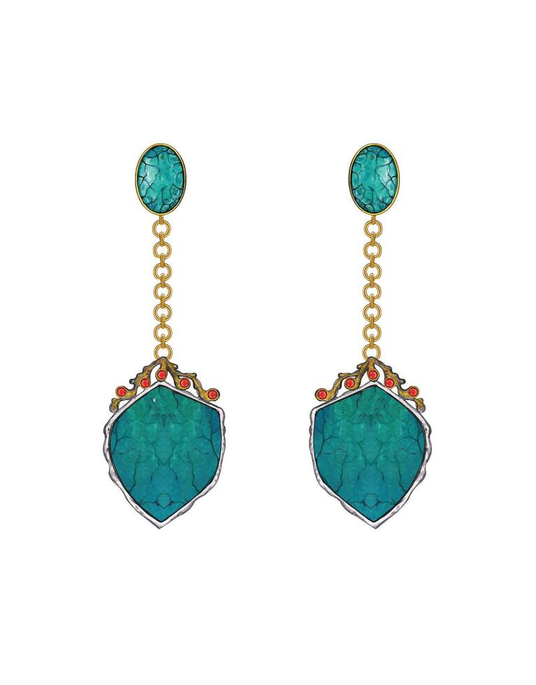 Earrings modern art set with turquoise jewelry design hand drawing on paper and make graphic . vector